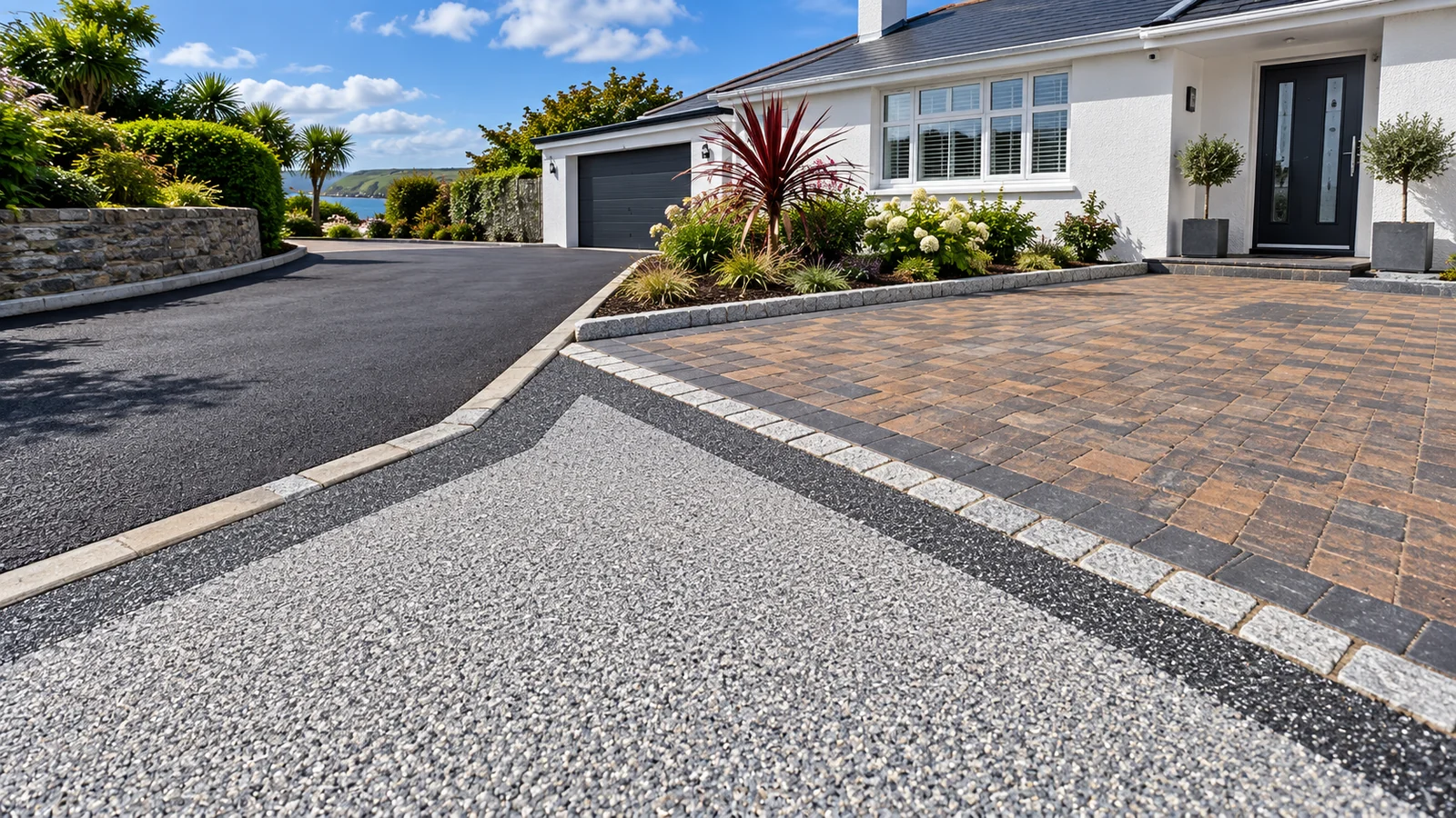 Finished driveway with restrained edges running up to a rendered house in west Cornwall