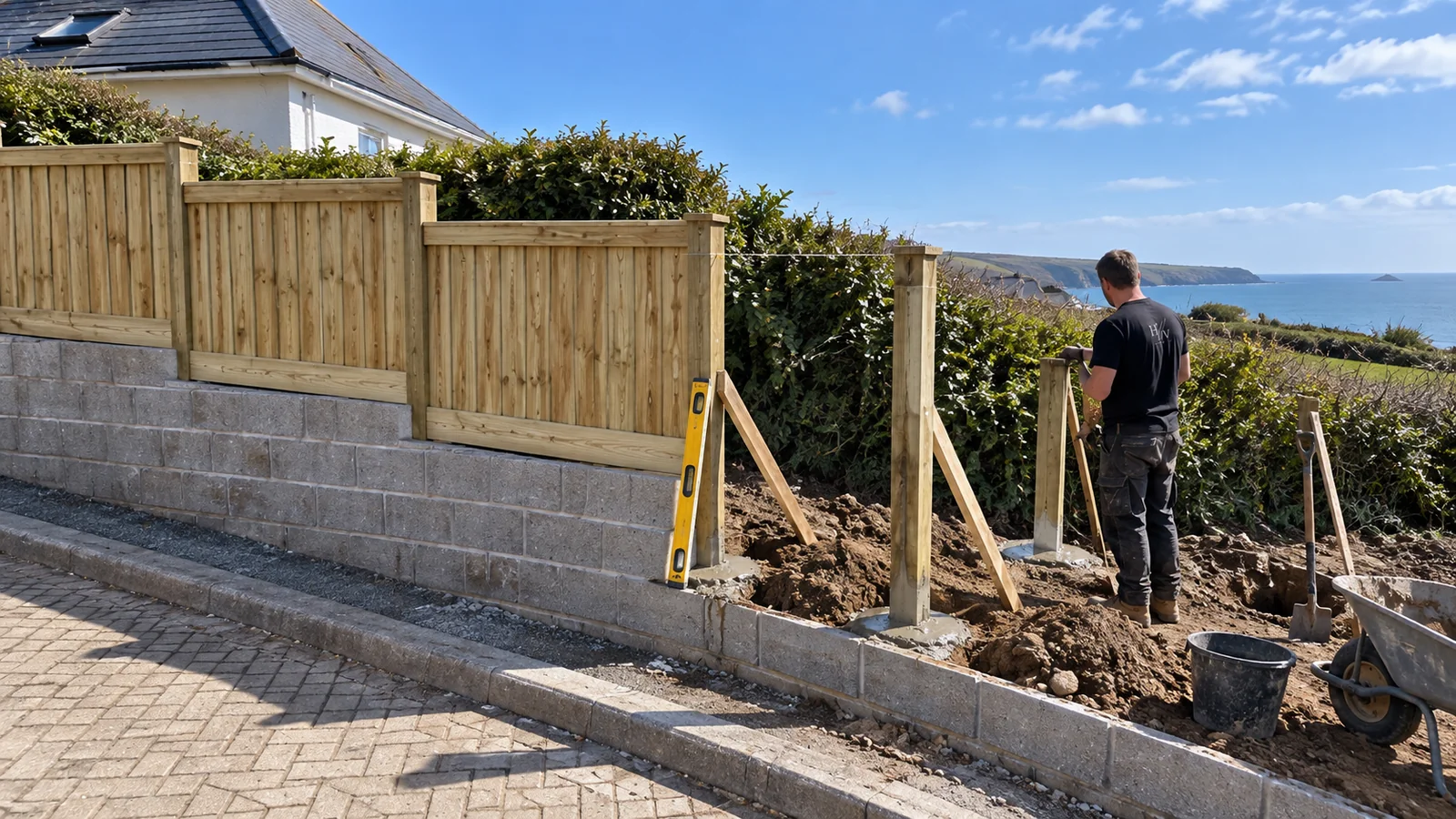 New timber boundary fence running along a sloping garden edge on an exposed site in west Cornwall